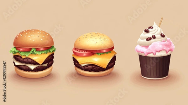 Fototapeta Fats food burgers and ice cream icons templates for fastfood burger house restaurant or gelateria cafe. Vector set of cheeseburger or hamburger sandwich snack and gelato dessert