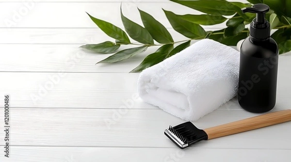 Fototapeta Relaxing Spa Setting with Shaving Accessories and Natural Elements