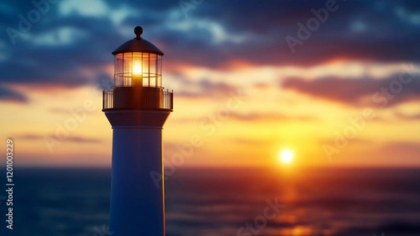 Fototapeta A lighthouse glowing warmly as the sun sets over a serene ocean horizon.