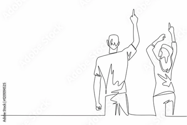 Fototapeta Continuous one line drawing rear view, a woman and a man in casual clothes, their hands pointing upwards. Beautiful spring. Aurora. Look Up at The Sky Day. Single line draw design vector illustration