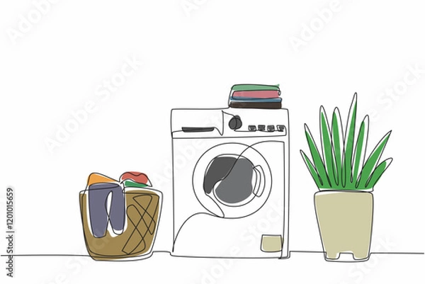 Fototapeta Single continuous line drawing on top of the washing machine there is a pile of folded clothes. A layout of the room in the laundry room. National Laundry Day. One line design vector illustration