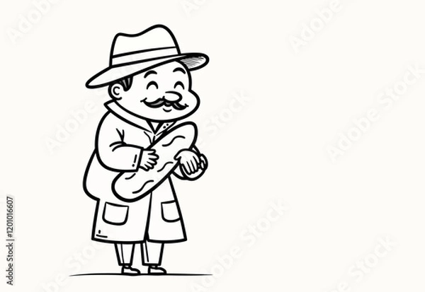 Fototapeta Minimalist Baker Character, Cheerful Frenchman with Mustache, Simple Lines, No Shadows, Comic Style Illustration, Parisian Bakery Mascot, White Background, Simple Drawing, Funny Design.