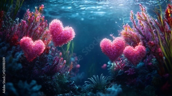 Fototapeta A vibrant coral reef glowing with radiant heart-shaped plants and pastel waters