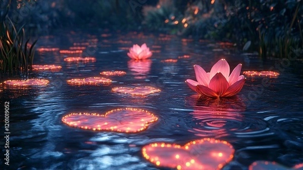 Fototapeta A whimsical lake glowing with radiant ripples and luminous heart-shaped lily pads