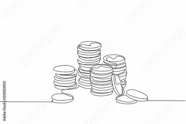 Fototapeta Single continuous line drawing the stacks of coins of varying heights. Gold coin money. Financial readiness is still inadequate. Different abilities. Coin Week. One line design vector illustration