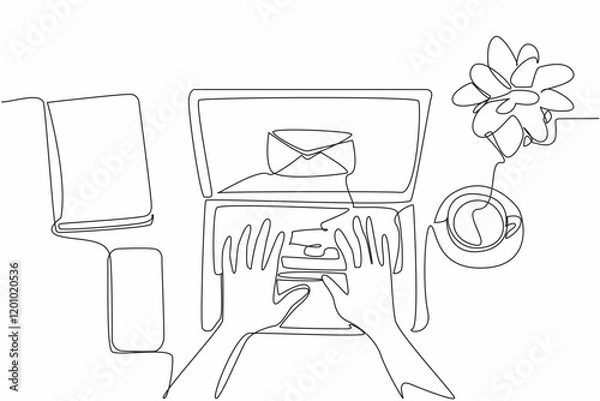 Obraz Continuous one line drawing hands typing on laptop. Email notification received. Received best price offer. Ease of using technology. National Email Day. Single line draw design vector illustration