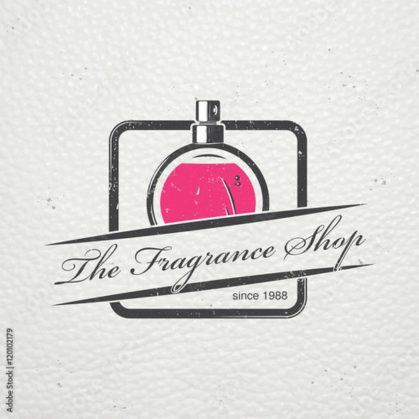 Fototapeta The Fragrance Shop. Exclusive boutique with aromatic oils. Detailed elements. Old retro vintage grunge. Scratched, damaged, dirty effect. Typographic labels, stickers, logos and badges.