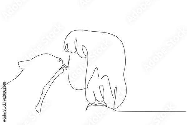 Fototapeta Continuous one line drawing cat licking girls nose. A gesture of gratitude from animals to humans. Communication without words. National Kids and Pets Day. Single line draw design vector illustration