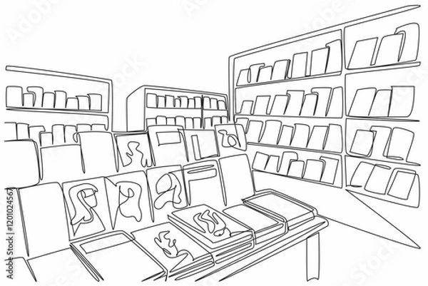 Obraz Continuous one line drawing the inside of the bookstore is full of shelves filled with books. Selling cheap and quality books. Independent Bookstore Day. Single line draw design vector illustration