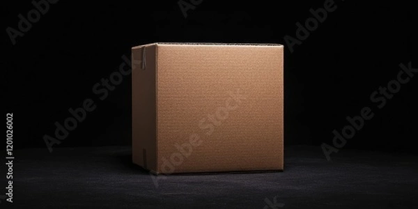 Fototapeta Closed brown cardboard box positioned centrally on a black background, showcasing textured surface and ample copy space around the box.