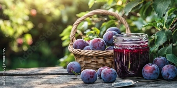 Fototapeta Rustic wooden table with a glass jar of plum jam and a woven basket filled with fresh plums surrounded by green foliage in a sunlit garden