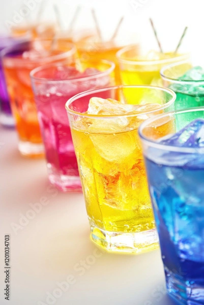 Fototapeta A vibrant array of colorful, refreshing drinks in clear glasses with ice, capturing the essence of refreshing summer beverages.