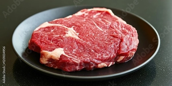 Fototapeta Fresh uncooked beef steak on a black plate with a smooth, dark background showcasing rich red meat textures and marbling details
