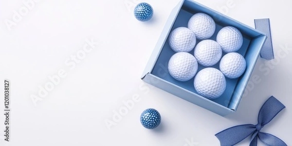 Fototapeta Blue gift box filled with white golf balls positioned centrally on a white background, with two blue decorative balls beside the box.