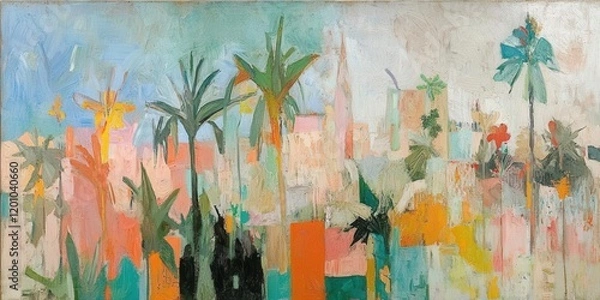 Fototapeta Vibrant abstract palm tree art urban landscape canvas painting colorful environment artistic viewpoint