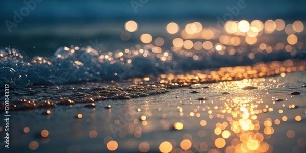 Fototapeta Golden Hour Ocean Waves on Sandy Shore, Sparkling with Light