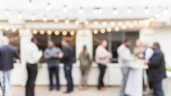 Fototapeta Open-Air Networking Event Blur: A blurred outdoor corporate event with attendees mingling under string lights and a casual atmosphere.
