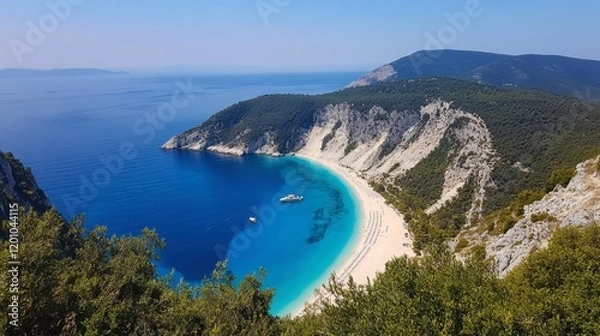 Fototapeta A serene panorama of Karamitsi Beach, with the coastline stretching into the distance under a clear blue sky.