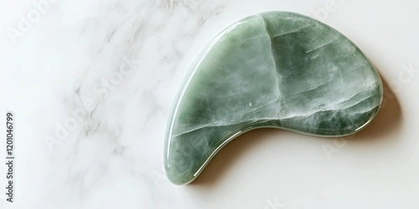 Fototapeta Green jade gua sha massager positioned on white marble background showcasing natural textures with soft green hues and ample copy space for text.