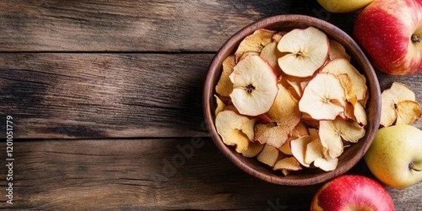 Fototapeta Bowl of sun-dried organic apple slices in brown wood on rustic table with fresh red and green apples to the right ample copy space available