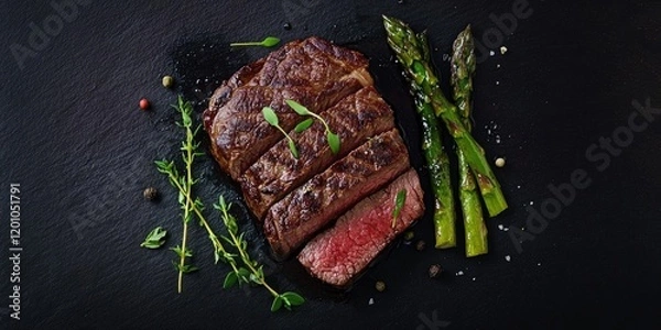 Fototapeta Grilled beef steak sliced with pink interior placed on dark slate alongside fresh asparagus and herbs on a black background top view