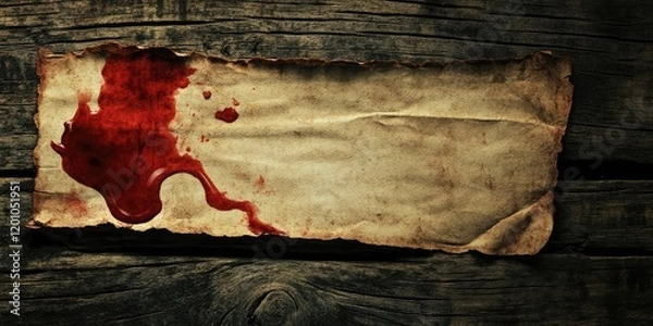 Fototapeta Closeup of a distressed wooden surface featuring a grim old note with a blood red stain on the left, creating a haunting Halloween theme.