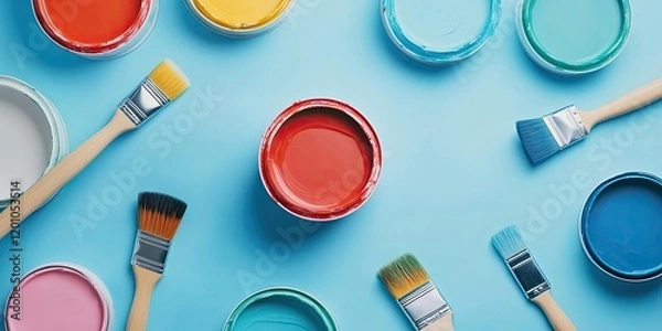 Fototapeta House renovation essentials with paint cans and brushes on a light blue background arranged neatly in a top view perspective showcasing vibrant colors