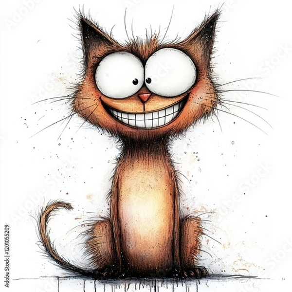 Fototapeta Cartoon style cat with exaggerated features and a big smile in a playful pose