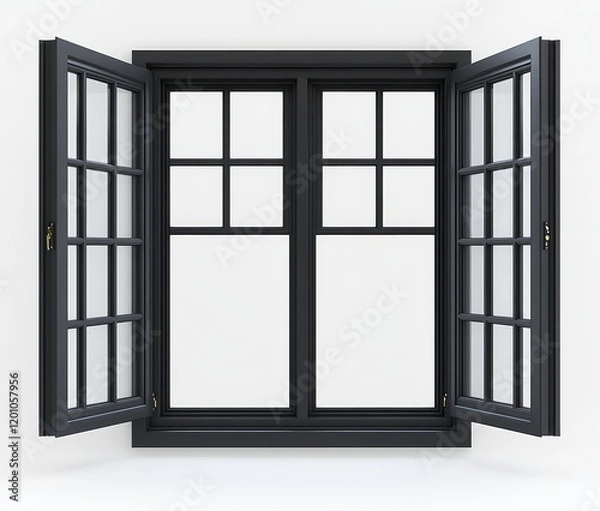 Fototapeta Open black double-hung window with multiple panes against a white background.