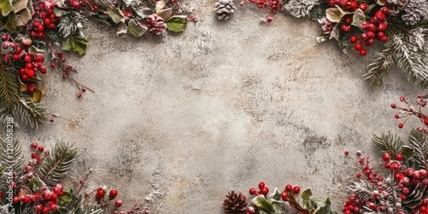Obraz Christmas themed decorative frame featuring lush green foliage, red berries, pine cones, and a textured grey background, ideal for festive celebrations.