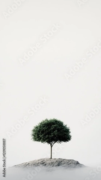 Obraz Lone Tree on Foggy Hilltop with Minimalist Background