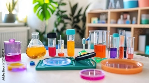 Fototapeta A tidy science kit setup with magnifying glasses, petri dishes, and colorful experiments