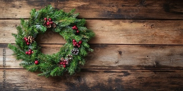 Fototapeta Rustic wooden backdrop with a natural Christmas wreath adorned with red berries and pine cones positioned on the left creating ample copy space