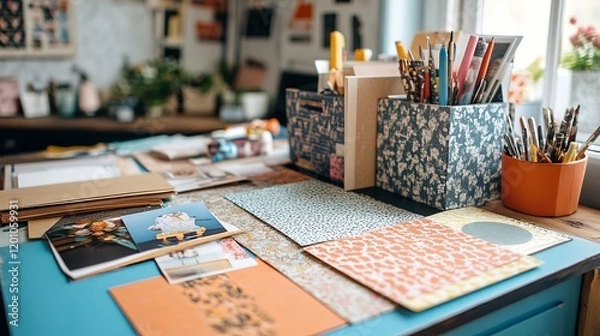 Fototapeta A tidy scrapbook corner with patterned paper, photos, and glue sticks