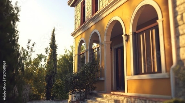 Fototapeta Charming architecture of a sunlit house with lush surroundings.