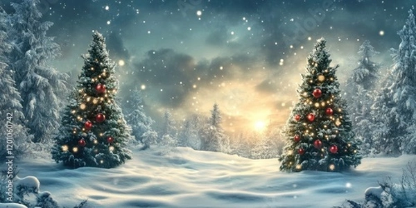 Fototapeta Winter wonderland scene featuring snow-covered trees adorned with red ornaments against a twilight sky with golden sunlight breaking through clouds.