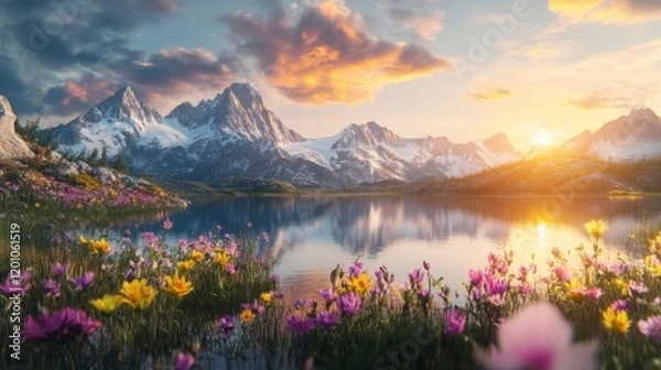 Obraz A breathtaking mountain landscape at sunrise, with golden light illuminating snow-capped peaks, a pristine lake reflecting the scenery, and vibrant wildflowers in the foreground