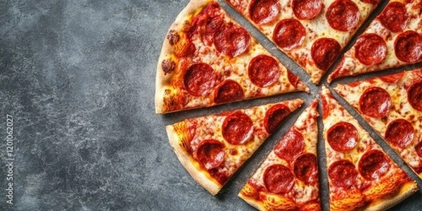 Fototapeta Delicious pepperoni pizza slices on a textured grey table top viewed from above with space for text on the left side of the image