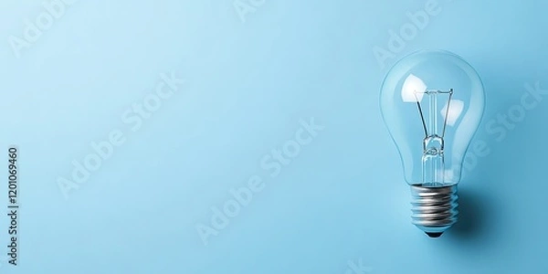 Fototapeta Light bulb concept on a light blue background with ample copy space featuring a clear glass bulb positioned to the right in white and blue colors