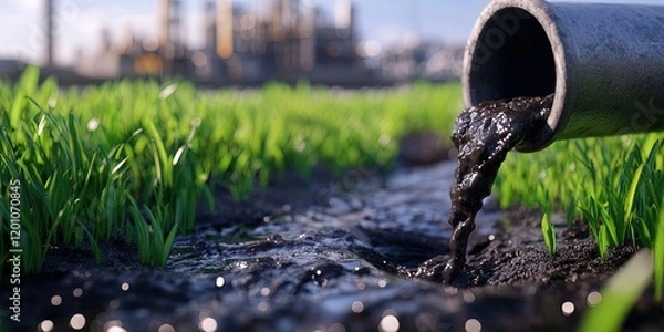 Fototapeta black sewage pouring from drainage pipe into blue stream, factory in distant background 