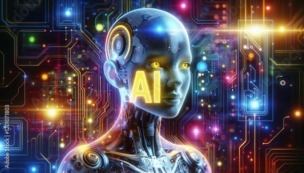 Obraz A futuristic AI robot with glowing eyes stands amidst a vibrant digital circuit board background, symbolizing advanced artificial intelligence and technological innovation.
