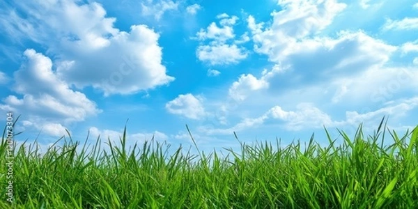 Fototapeta Vibrant green grass foreground against a bright blue sky with fluffy white clouds creating a serene natural landscape ideal for design purposes