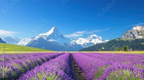 Fototapeta Lavender fields with snow-capped mountains under a clear blue sky.