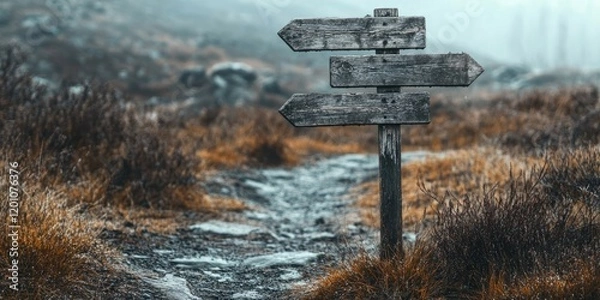 Fototapeta Weathered wooden guideposts with three arrows pointing in different directions, set on a misty path surrounded by dry grasses and stones.