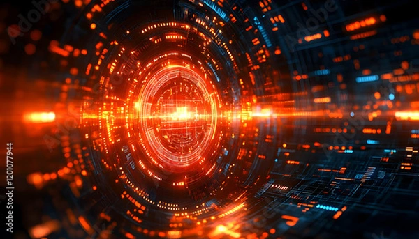 Fototapeta Orange digital tunnel, data stream, futuristic background, tech presentation