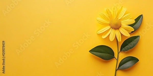 Fototapeta Yellow daisy with green leaves arranged on bright yellow background in minimalistic flat lay design offering ample copy space for text.