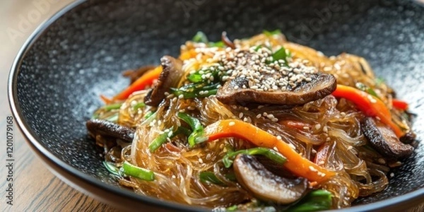 Fototapeta Stir fried Japchae with vibrant vegetables and mushrooms in a black bowl garnished with sesame seeds on a wooden table background.