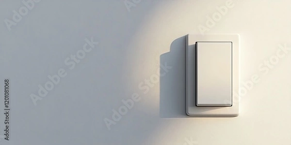 Fototapeta Modern wall light switch turned on against neutral white background with soft shadow highlighting the sleek design in upper right corner.