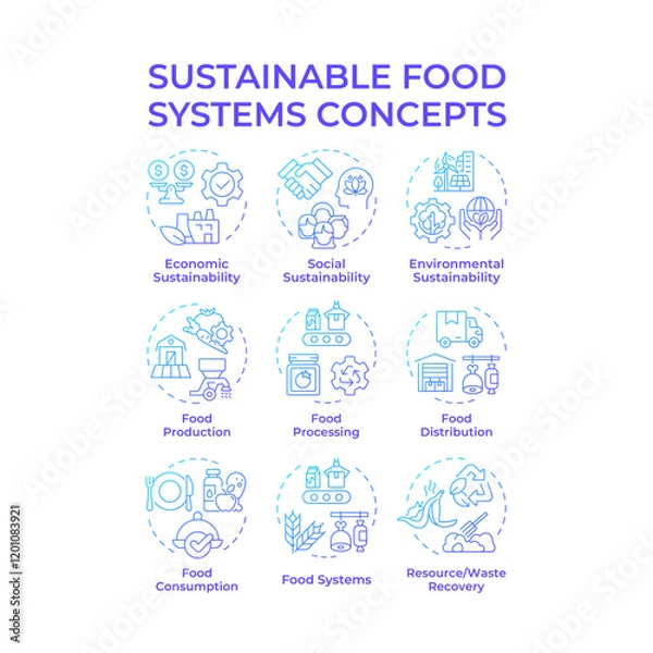 Fototapeta Sustainable food systems blue gradient concept icons. Products safety, sustainability. Industry, regulation. Icon pack. Vector images. Round shape illustrations for infographic. Abstract idea