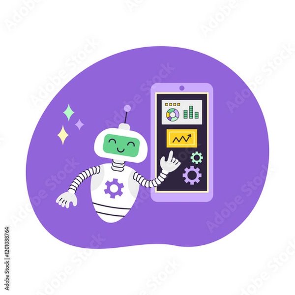Fototapeta AI Robot assistant points at smartphone. Artificial Intelligence Data Analytics and Virtual Assistant. Business and Education Concept. Isolated vector illustration.